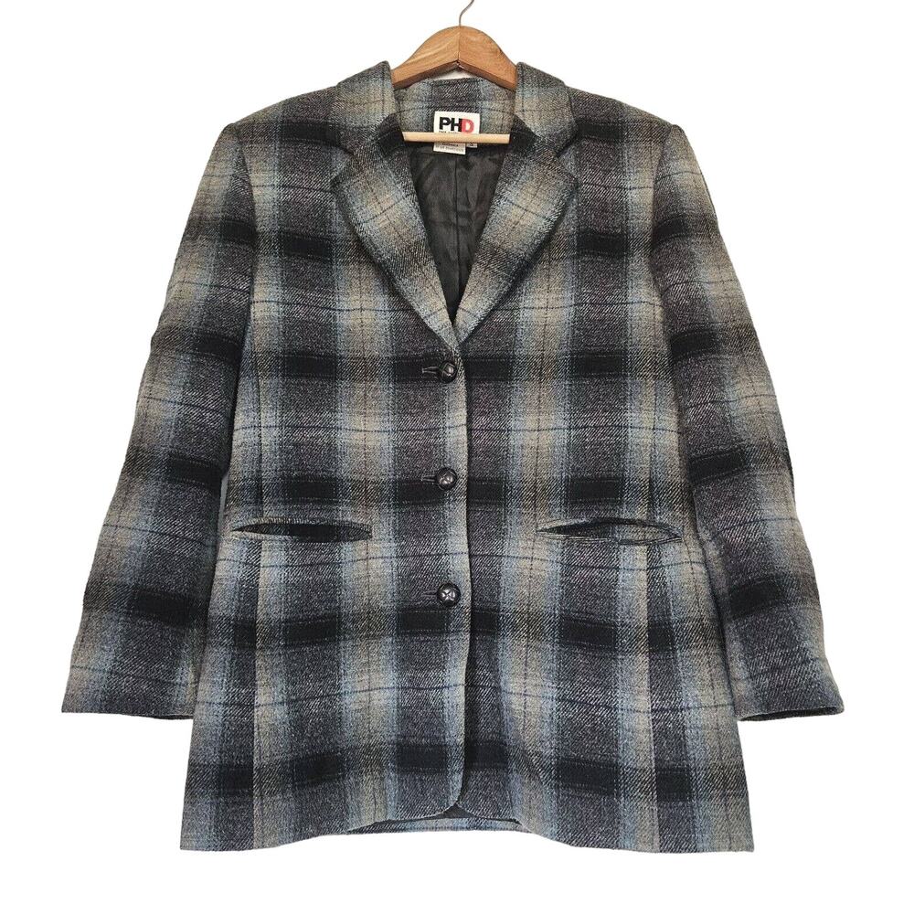 Vtg Paul Harris Plaid Jacket Women S Blue Gray Wool Blazer Oversized Preppy Boho